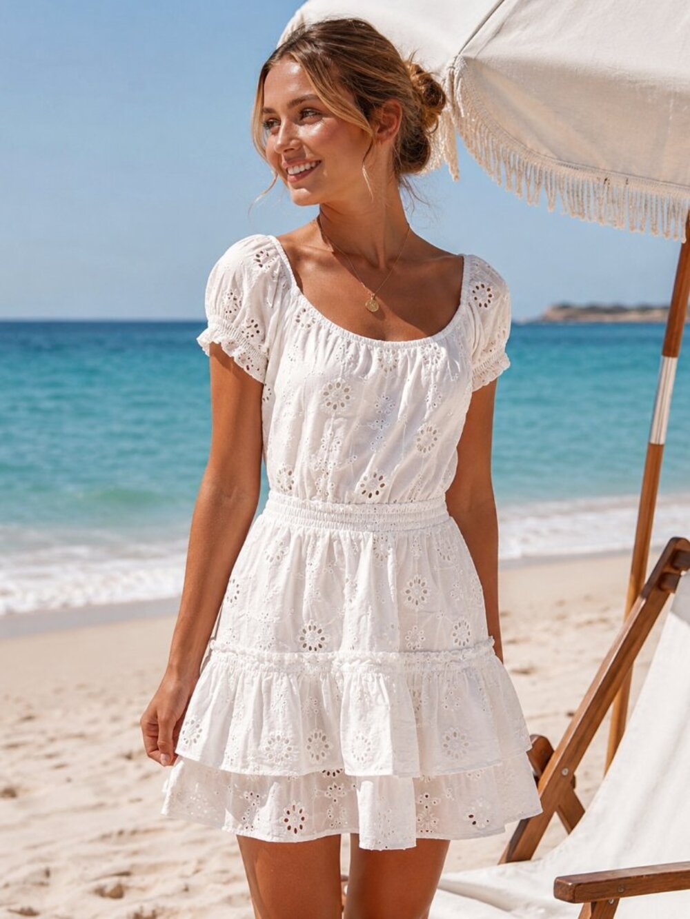 Aqua Swim Ivory Eyelet Tiered Cover Up Cotton Dress Short Sleev XL New With Tags